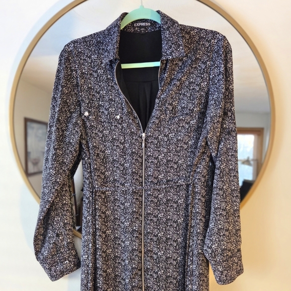 Express Black & White Classic Shirt Dress Long Sleeve Zip Front Tie Waist Small - Picture 5 of 15